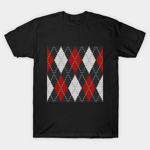 Knitted argyle in Red & White on Black T-Shirt by Dana Du